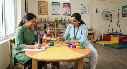 A multidisciplinary clinical interaction at Mom's Belief with an Indian speech-language pathologist and occupational therapist engaging in playful sensory assessment with a child, warm empathetic atmosphere, vibrant learning elements in background.