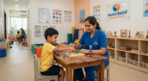Occupational therapy fine motor skill wing at Mom's Belief HSR Layout Bengaluru with specialized developmental tactile stimulation equipment and colorful educational boards.