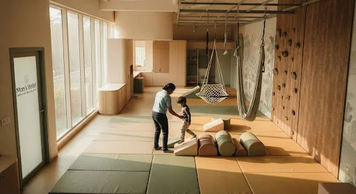 Modern sensory integration gymnasium at Mom's Belief Malleswaram Centre Bangalore featuring sensory swings, foam balance beams, climbing walls, soft safety mats, and cheerful warm interior architecture.