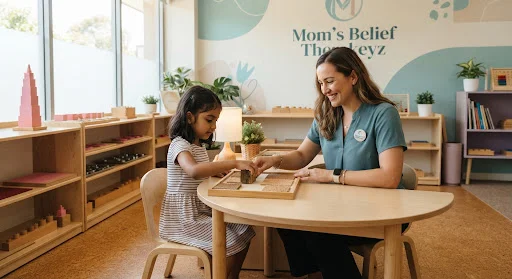 Special education classroom at Mom's Belief Therakeyz Centre with structured individual workstations and Montessori-style learning materials for children with developmental needs.