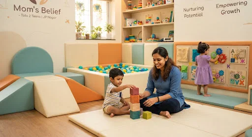 Early intervention play therapy zone at Mom's Belief Tots 2 Teens JP Nagar showing soft play wedges, tactile ball pits, and active developmental engagement spaces.