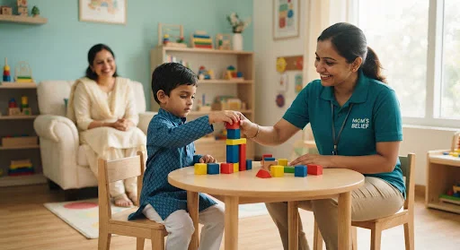 A therapist guiding a child through play, with a parent beside them