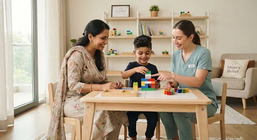 An Indian mother and clinical specialist playing with colorful LEGO developmental therapy bricks alongside a concentrated 5-year-old child in an educational home setting. Joyful, collaborative, brightly lit with clean crisp colors.